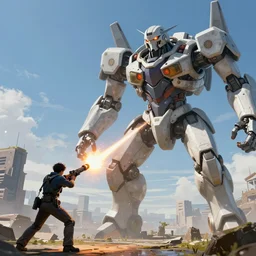 Killy firing a gravitational beam emitter at a giant biomechanical enemy, Koji Morimoto, brutalist architecture, colored