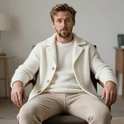 ryan gosling but he is knitted from yarn, sits on a chair in a white jacket, preservation of lethality, proportions, quality, realism, focus in the foreground,
