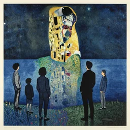 standing in a lake looking at a reflection of the night sky by woodblock print, nicolas delort, moebius, victo ngai, josan gonzalez, kilian eng, klimt