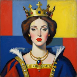 a bauhaus style painting of an beatiful, brunette queen with freckels, red lipstick, royal crown, royal garment