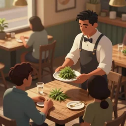 close up of waiter at the table : cafe serves cannabis to its customers in australia, isometric illustration fun style hyperrealistic render in pixar, by darwyn cooke