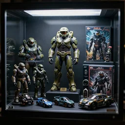 a dark gift shop display case with master chief toys figures, accessories, and vehicles. 3 5 mm f / 2. 8 macro lens. halo 2 box art 2 0 0 6