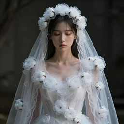 hight focus of a wonderful realistic focused sweet wonderful symmetrical mid portrait of a lonely woman with a detailed wonderful, majestic, large semi transparent white cotton dress ornate with semi transparent cotton roses and semi transparent white veils, dramatic light, octane render, - 8 k