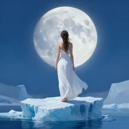 a greek goddess in white dress standing on the iceberg facing the moon, by dan mumford, digital painting, artstation, concept art, smooth, sharp focus, illustration