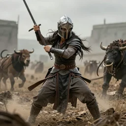 Zamara the warrior Goddess with full face helmet in an epic struggle among the wild lands