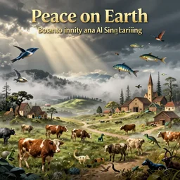 peace on earth, fantasy landscape, mystical, full spectrum, cattle, animals, fish, birds, reptiles, houses, barns, trees, foggy, misty, digital art by bosch, dali, munch, art station