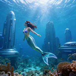 photo of a mermaid swimming past a futuristic underwater city