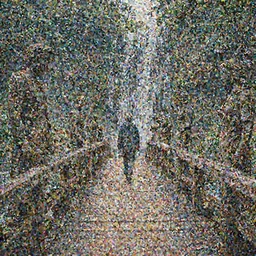 walking on an old wood bridge with sculptures viewed from a deep perspective, a waterfall and trees in the background, art by James Jean and Wayne Barlowe, high detail, cinematic, cgsociety 8k
