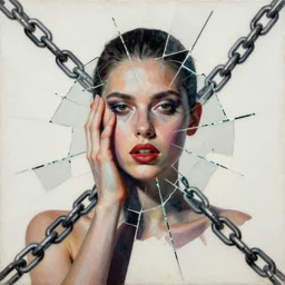 chained in the chains of passion, digital collage, decoupage, assemblage, photomontage, canvas texture, hight contrast, minimalist, contemporary art, punk art, photorealistic, portrait, expressionism, masterpiece, dynamic composition, spectacular quality, intricate oil details, broken glass