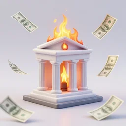 an infinite recursion bank burning, some bills float in the air