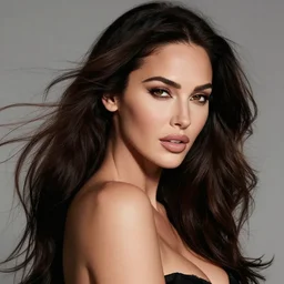 closeup dream photo of a beautiful megan fox with long dark wind blown hair in a photo studio, rim lighting, glamour pose, hyper realistic, concept art, intricate, hyper detailed, smooth, ambient volumetric lighting, high contrast, pinup, vibrant, hd, octane, gil elvgren, arney freytag, alberto vargas, 1 9 4 5