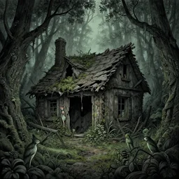 dilapidated broken down shack, hidden away within the witchwood forest, evil fairies, overgrown, mist, rotting, detailed intricate ink illustration, dark atmosphere, detailed illustration, hd, 4k, digital art, overdetailed art, concept art, by greg rutkowski, by loish, complementing colors, Trending on artstation, deviantart