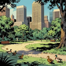 comic book style, art deco era, landscape, city, park, ducks