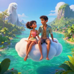 a beautiful couple sitting on a cloud above emerald lagoon of Sint-Marteen, mattepainting concept Blizzard pixar maya engine on stylized background  global illumination lighting artstation in the style of The Road to El Dorado