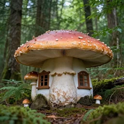 A realistic photo of a mushroom house in the forest