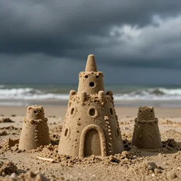 sand castle in the shape of a person beach dramatic lighting