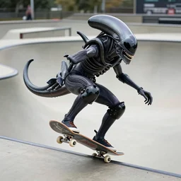 xenomorph skateboarding in a skatepark, photorealistic, accurate
