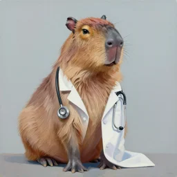 painting of a doctor capybara wearing a lab coat with a stethoscope around his neck
