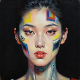 photorealism oil painting, close - up portrait of cyborg fashion model, instead of skin random generative art paintings, black background, in style of classicism mixed with 8 0 s japanese sci - fi books art