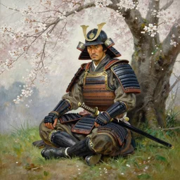 an oil painting of a male samurai warrior wearing armor while sitting under a cherry tree with white blossoms, nearby a katana lies on the grass. detailed face, ground, greg rutkowski, edward robert hughes, tony sart