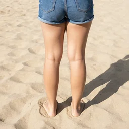 a photo of a legs and and a butt with only shorts standing on a beach, it has no torso or upper body. it's a sunny day and it's standing on sand that is detailed. the shadows are also detailed.