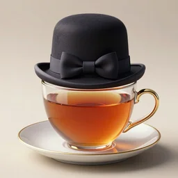 Award winning photograph of a British Cup of tea with a bowler hat on top, cantered composition, realistic, highly detailed, trending artstation, 8k, food photography