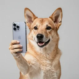 A dog holding a phone, taking a selfie, selfie photography, photorealistic imagery, trending on artstation, 4k, 8k