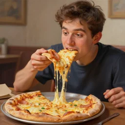 an male person eating cheesy pizza, digital art, 3 d, oil painting,