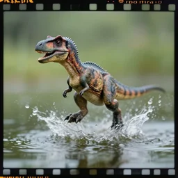 kodak portra 4 0 0, 5 0 mm leica summicron f 1. 2, action photography, long shot, dirty lenses, award winning macro photo of a tiny dinosaur in the middle of a jump to a lake, water splash, fast shutter speed, motion blur, tiny gaussian blur, highly detailed, highly intricate, depth of field, national geographic, 4 k