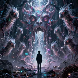 a doomed shimmering magical hell with eerie shimmering creatures, cinematic, by guillermo lorca, trending on artstation,