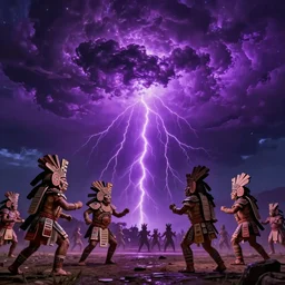 purple color lighting storm with Aztecs fighting enemies nebula sky with dramatic clouds 50mm shot