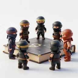 group of diminutive realistic ninja toy figurines gathering around a giant book, realistic, hd, 8 k, digital rendering, unreal engine, blender, octane, maya