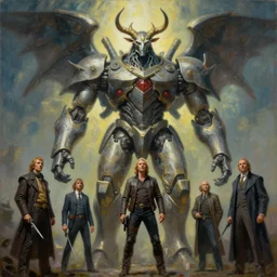 a giant statue of baphomet, mecha, tim hildebrandt, wayne barlowe, bruce pennington, donato giancola, trending on artstation, cinematic composition, beautiful lighting, hyper detailed, 8 k, oil on canvas