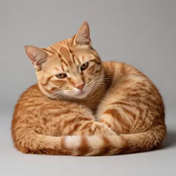 a lazy and cute orange tabby cat cuddling studio lighting