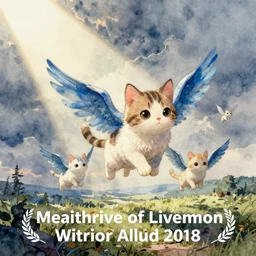 watercolor illustration style, flying cute cats with blue wings