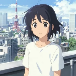 anime visual of a black haired boyish girl wearing shirts on rooftop sightseeing bright tokyo cityscape by makoto shinkai, cute face by yoh yoshinari, katsura masakazu, detailed