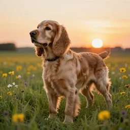 Light brown cocker spaniel in a field full of flowers, with sunset, well detailed, photo realistic