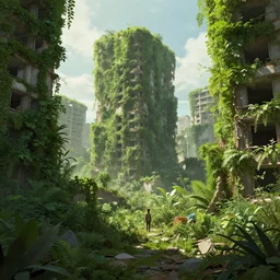 A destroyed city covered in plant life with one survivor by noah bradley, matte painting, trending on artstation, DSLR