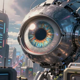 giant robotic eye! staring menacingly!!!!, cyberpunk city, by makoto shinkai, greg rutkowski, artstation, high detailed, cgsociety