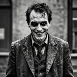 a man in a weathered suit with a creepy smile looking straight at the camera ( black and white photo, greatly illustrated, photo realistic, high detailed photo, great quality photo, 4 k )