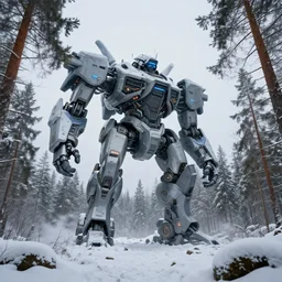 futuristic colossal mech fortress travels across a swedish forest in the winter very low angle photograph trending on artstation