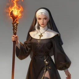 a highly detailed illustration of beautiful platinum blonde nun wielding giant flaming wooden stake, dramatic wielding wooden stake pose, perfect face, intricate, elegant, highly detailed, centered, digital painting, artstation, concept art, smooth, sharp focus, league of legends concept art, wlop.