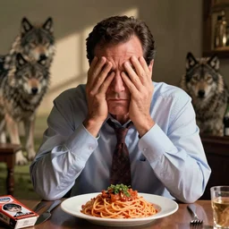 George Costanza, upset that, instead of spaghetti, he was served a pack of wolves.