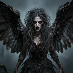 terrifying hyperrealistic scary harpy woman with tangled hair opening her wings sharp focus detailed