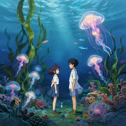 an anime movie background matte painting of fish and glowing jellyfish a magical underwater ocean reef, tall kelp, sea floor, coral, anemones, seaweed, by makoto shinkai and greg rutkowski, trending on artstation, highly detailed
