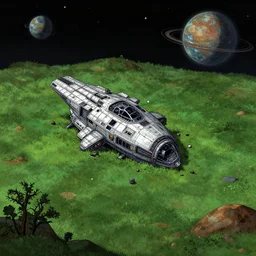 a spaceship that has crashed on an grass covered alien planet, from a space themed point and click 2 d graphic adventure game, detailed, set design inspired by hg giger, art inspired by thomas kinkade