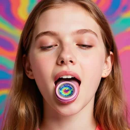 a colorfukl vibrant closeup portrait of a simple girl licking a tab of LSD acid on his tongue and dreaming psychedelic hallucinations, by kawase hasui, moebius, Edward Hopper and James Gilleard, Zdzislaw Beksinski, Steven Outram colorful flat surreal design, hd, 8k, artstation