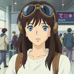 a full body portrait of a 1 9 5 0's aviator anime girl, blue eyes, finely detailed features, closeup at the faces, perfect art, in the airport yard, gapmoe yandere grimdark, trending on pixiv fanbox, painted by greg rutkowski makoto shinkai takashi takeuchi studio ghibli, akihiko yoshida,