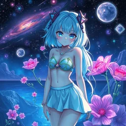 rei ayanami, broken android kannon mindar, deep space, seascape, cosmos, psychedelic flowers, black opal, rainbow aura quartz, organic, oni compound artwork, of character, render, artstation, portrait, wizard, beeple, art, fantasy, epcot, psychedelic glitchcore, anime girl, sky blue eyes, bikini, white miniskirt, highly detailed, cinematic