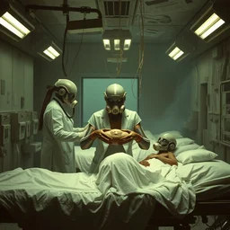 big budget science fiction movie set in a trashed war torn hospital about a sexy female cyborg doctors in rubber and gas mask giving memory transplants to bizarre alien life forms on hospital beds dramatic action scene